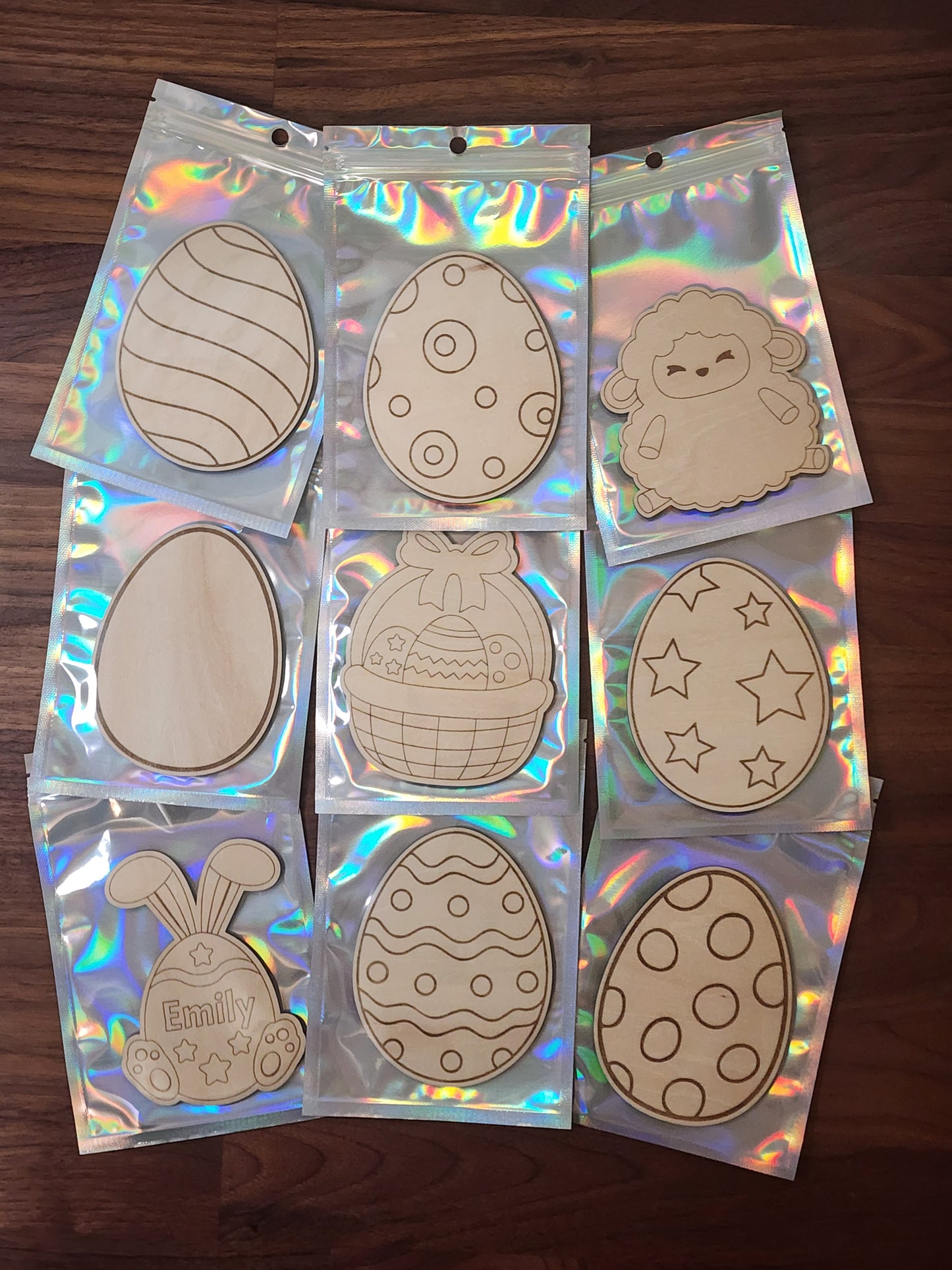 Various Easter themed shapes for paint kits made out of wood